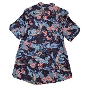 4th Dimension Button Down Shirt M Blue Cherry Blossom Crane Print Rayon Boho